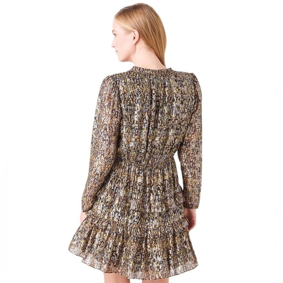 Ba&sh glen mini dress tiered skirt silk blend metallic long sleeve leaf print xs - Picture 2 of 15